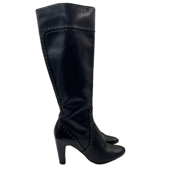Cole Haan Mica Nk Air Black Leather Tall High Heel Boots Silver Studs 8.5B - Picture 1 of 11